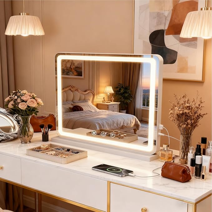 Vanity Mirror with Lights, LED Makeup Mirror with 3-Color Dimmable Lighting, Smart Touch Control, Memory Function, Tabletop Lighted Mirror for Bedroom, Dressing Room