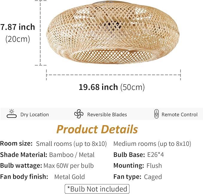 20" Boho Ceiling Fans with Lights,Rattan Caged Flush Mount Ceiling Fan with Light, Enclosed Timing 6 Speeds Reversible for Living Room Bedroom Dining Room
