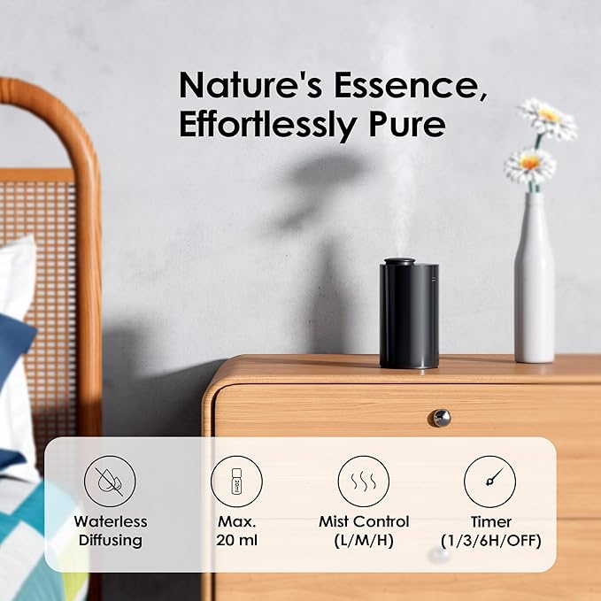 Airversa Waterless Diffuser for Essential Oil, Car Diffsuer, Battery Operated Nebulizer, 0.7 Fl Oz/ 20mL, Mini Scent Air Machine, 3 Timers & 3 Mist Levels for Home, Room, Office - AN6 Black 2 Pack