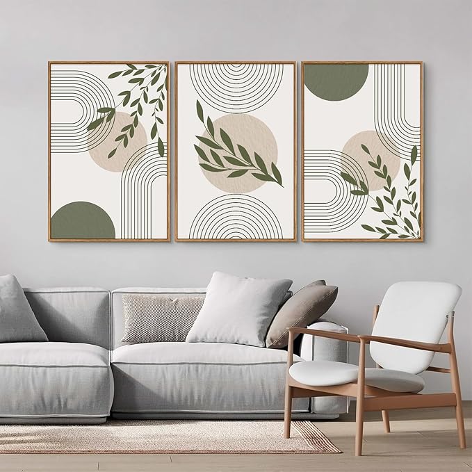 YeeHomedec Boho Sage Green Framed Canvas Wall Art, Mid Century Modern Wall Decor, Large Minimalist Art Print, Abstract Geometric Leaf Art Painting for Bathroom Living Room Bedroom Office 16"x24"x3