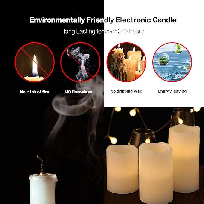 Flameless Flickering LED Battery Candles :Set of 3 Ivory Real Wax Pillar Operated Fake Faux Lights with Remote Control and Timer Function Flicker Candle for Decoration Christmas Votive Garden Outdoor