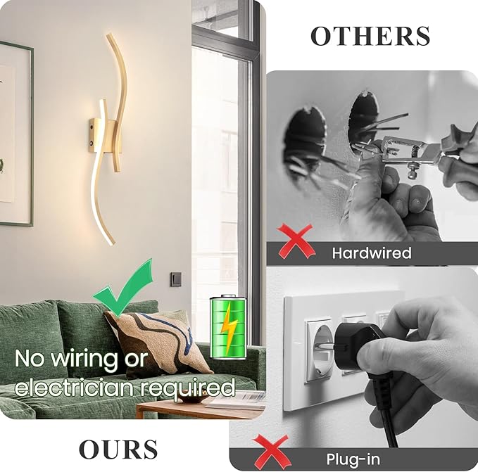 CANEOE Battery Operated Wall Sconces with Remote Control,10000mAh USB Rechargeable Gold Wall Light,3000K-6000K LED Wireless Wall Lamp for Bedroom,Hallway,Background Wall,31.5inch,1 Pack