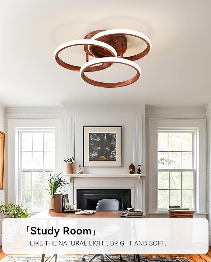 Dimmable LED Semi Flush Mount Ceiling Light Fixture with Remote Control 3-Color Dimming Circle Modern Chandelier, Close to Ceiling Bedroom Kitchen Hallways Balcony Corridor Lamp (15in- 3 Ring Wood)