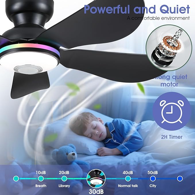 46" Ceiling Fans with RGB Lights Remote/APP Control, Low Profile, 3 CCT Dimmable White Lights+RGB Ring Lights+Music Player, 5 Reversible Plastic Blades 6 Speeds for Kidsroom, Black
