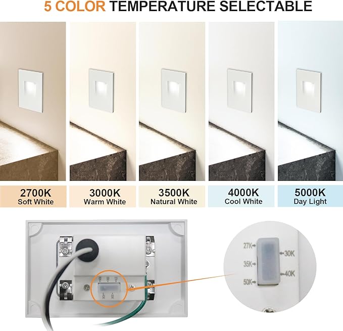 Vertical LED Recessed Step Light Fixture, 5CCT Selectable, IP65 Waterproof, 3W 70LM, 120V Stair Light Indoor Outdoor, 10%-100% Dimmable, White, ETL Listed - 12PK