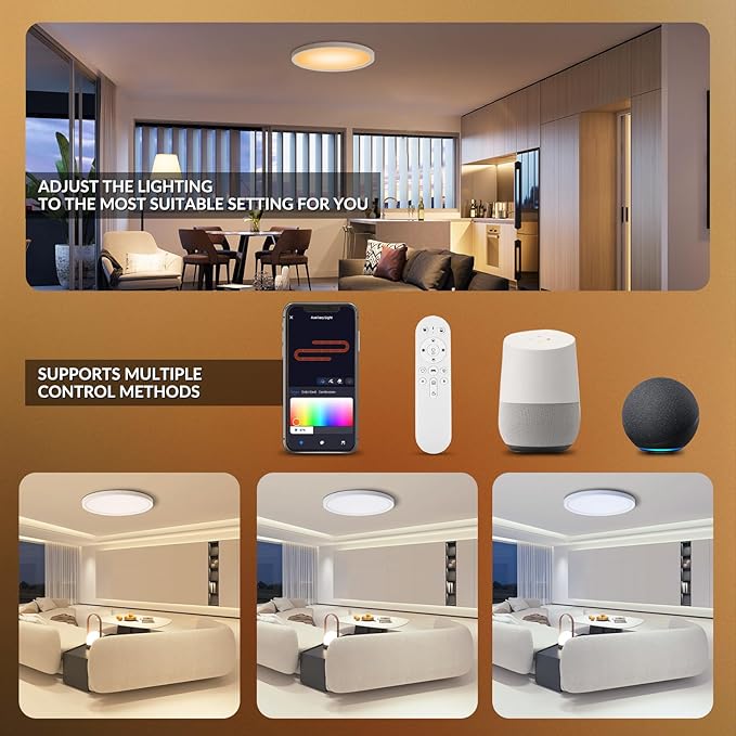 Smart RGB LED Ceiling Light with Remote, 12" WiFi Flush Mount Ceiling Light Works with Alexa & Google Home, 24W=2400LM Dimmable, DIY Colors & 2700K-6500K, for Bedroom Living Room, 1 Pack