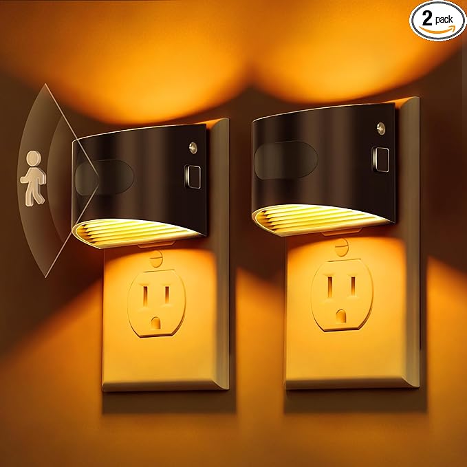 L LOHAS LED Night Light with Motion Sensor & Dusk to Dawn Sensor, Night Lights Plug into Wall with 30-100lm Adjustable Brightness, Dimmable Night Light for Bathroom Hallway, 1600K Amber, 2 Pack