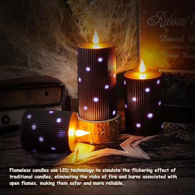 Flameless Candles Real Wax Realistic Candles, Battery Operated LED Pillar Candle with Remote Timer, Ideal for Halloween Home Decor（D 3"*H 4" 5" 6" ）