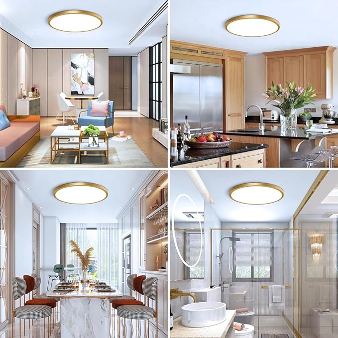 12 Inch Gold LED Ceiling Light, 6000K Cold White, 24W Gold Flush Mount Ceiling Light, 3200LM Round Flat Ceiling Lights for Bedroom, Living Room, Dining Room, Stairwells