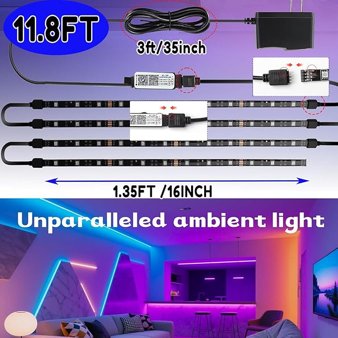 LED Strip Lights, 11.8FT (4x1.0FT Pre-Cut) RGB 5050 Color Changing Small LED Light Strip with Remote & APP Multi-colorfor Strip Lights for TV Backlight Bed Cabinet Shelf Display 48 LEDs