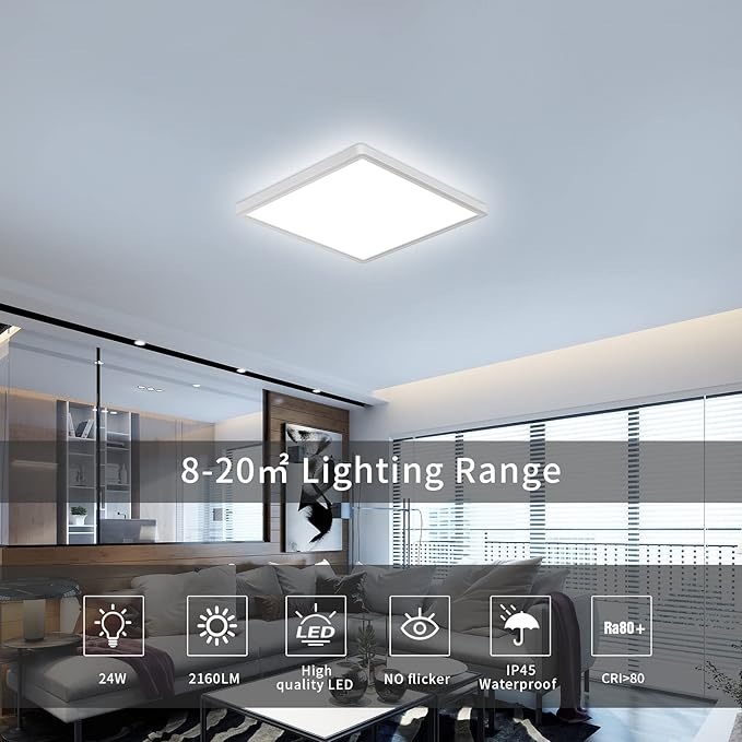 DELIPOP Flush Mount Ceiling Light, 12 Inch 24W Ultra Thin Square LED Ceiling Light, 6500K Cool White Low Profile Light Fixture for Living Room Bedroom Bathroom Kitchen Dining Room Corridor (White)