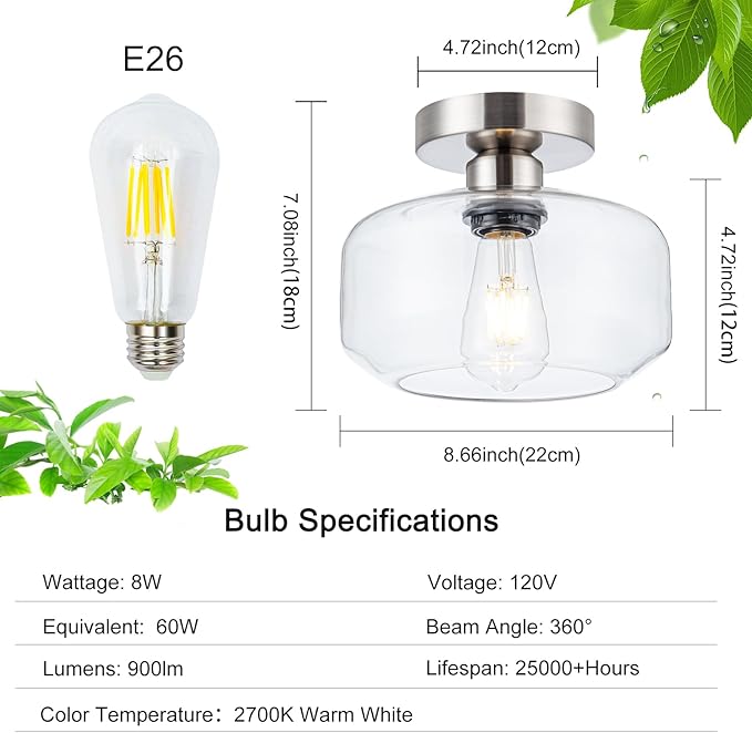 Tbaoinal Semi Flush Mount Ceiling Light Clear Glass Shade Matal Base, Inclede LED Bulb, Low-Profile for Kitchen/Hallway/Entryway/Bathroom, Silver