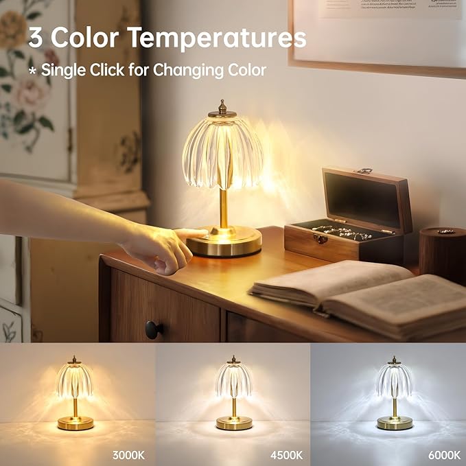 Set of 2 Tulip Table Lamp with 5200mAh Battery & Touch Control, Cordless Small Table Lamp with 3 Colors, Rechargeable Battery Operated Table Lamps for Nightstand, Bedroom (Transparent Tulip)