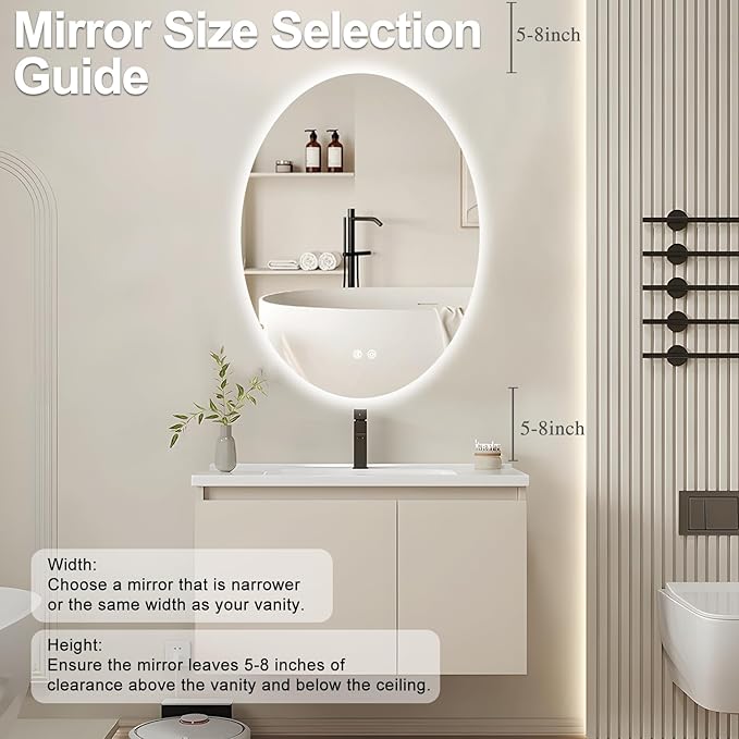 28 X 20 Inch Oval Backlit LED Bathroom Mirror Anti-Fog 3 Colors Light Dimmable Wall Mounted Lighted Bathroom Vanity Mirror Smart Makeup Mirror with Touch Switch
