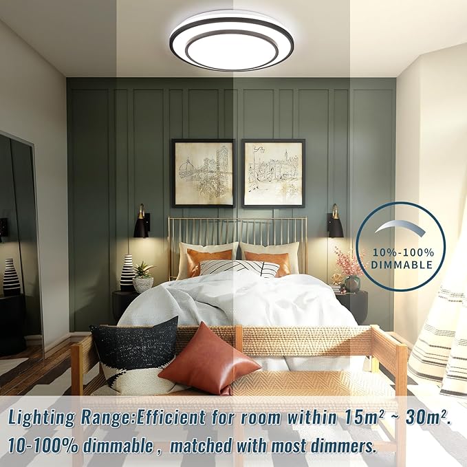 Black LED Flush Mount Ceiling Light Fixture 5CCT, Dimmable Light Fixture Ceiling Mount 16" 24W, Overhead Modern Close to Ceiling for Living Room, Foyer, Kitchen, Bedroom