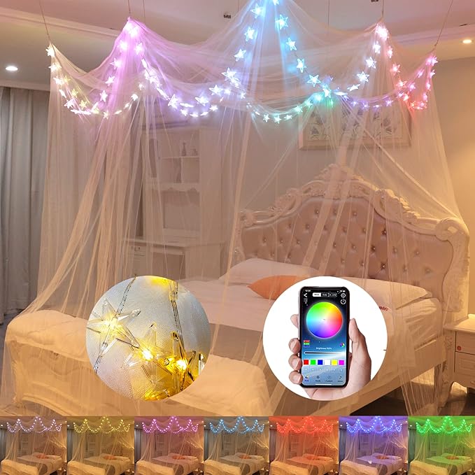 Bed Canopy with LED Star Lights, White Canopy Bed Curtain with RGB Color Changing String Lights with Smart App Control Remote for Princess Girls Bedroom, Suggested for Twin Full Queen King Bed