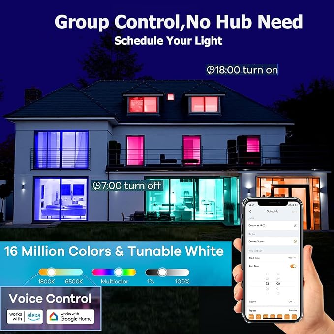 Smart Light Bulbs,WiFi & Bluetooth LED Light Bulb That Compatible with Alexa & Google Home, Color Changing Light Bulb, 10W A19 E26 2.4Ghz WiFi Light Bulbs 60 watt Equivalent, 800lm Dimmable