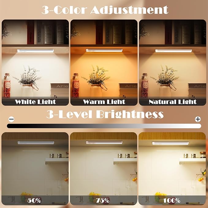 Under Cabinet Lights 2 Pack, 70 LEDs 1000mAh Rechargeable Battery Operated Motion Sensor Light Indoor, 3 Color Temps, Wireless Magnetic Dimmable Closet Light for Kitchen, Wardrobe, Pantry(Silver)