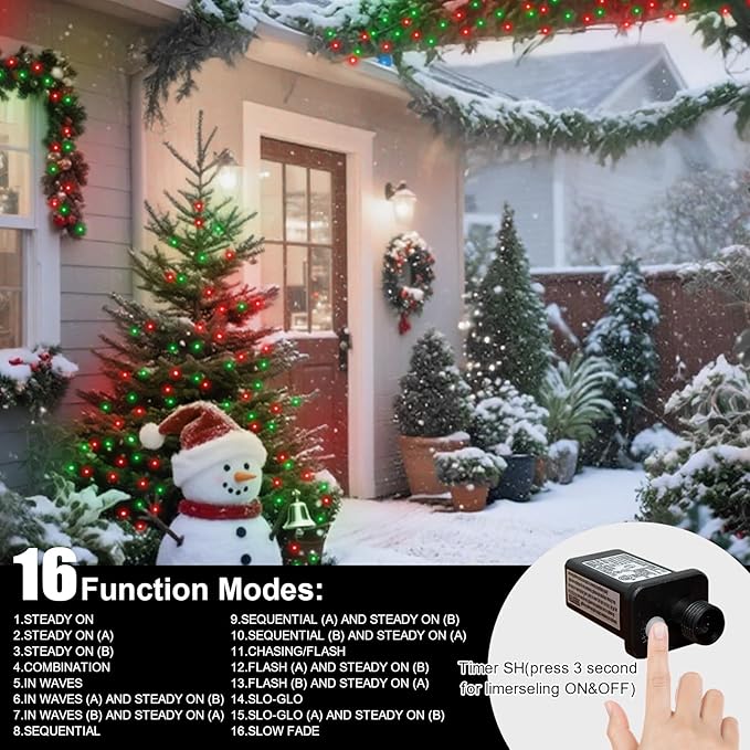 LAMPHOME 99ft Christmas Decorative Mini Lights, 300 LED Transparent Wire Fairy Starry String Light Plug in, 16Lighting Modes for Indoor Outdoor Xmas Tree Wedding Party Decoration (Red and Green)