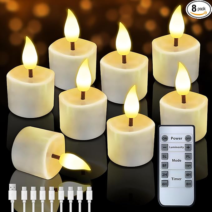 Rechargeable Flickering Flameless Candles, 8 Pcs Fake Electric Tea Lights with Remote Control and Timer, Safe & Realistic Flame Effect LED Candles for Party, Wedding, Aniversary, Easter Decor