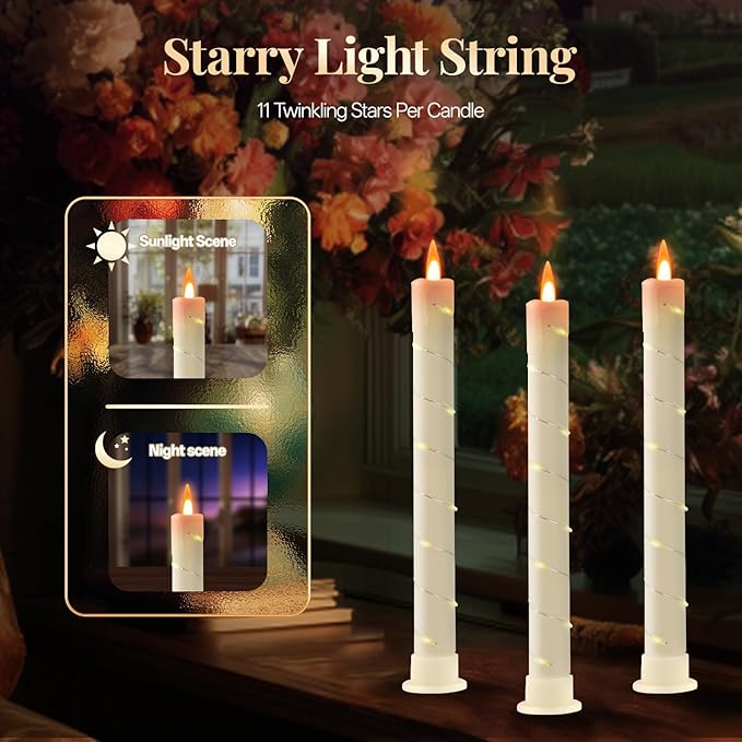 3 Pcs Flameless Taper Candles, Battery Taper Candles Flickering Flame with Embedded Star String, Candle Sticks Battery Powered with Remote Control, Timer Function Ideal for Easter (Ivory)