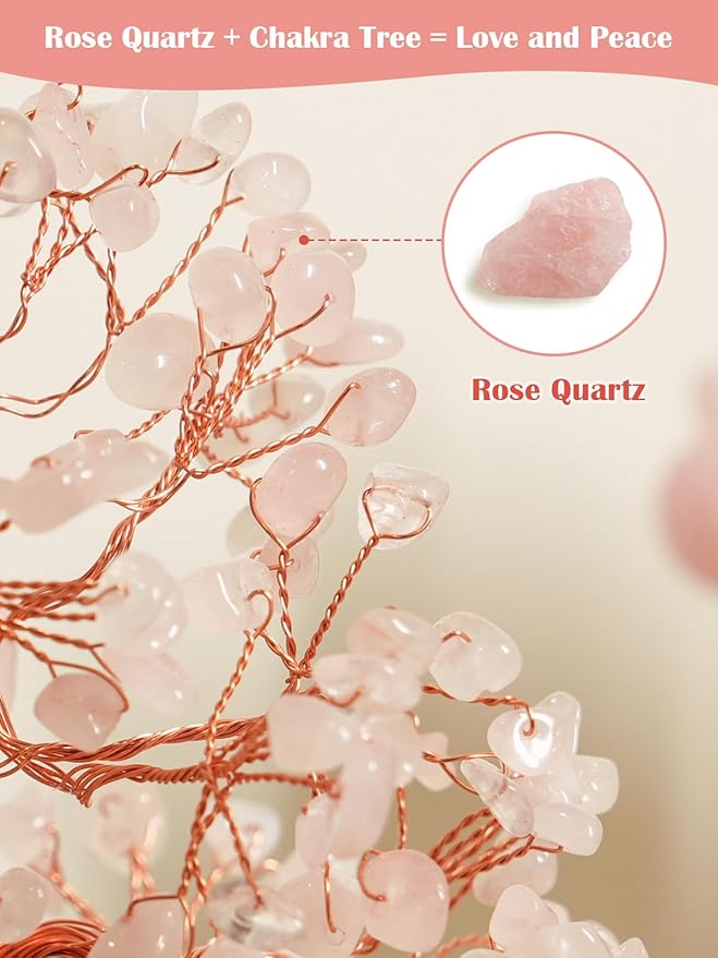 Rose Quartz Crystal Tree of Life for Positive Energy, Chakra Healing Tree with Remote Control Multicolor Night Light for Room, Office, Desk Decor, Pink Gift for Women, Girls (Heart Hands)