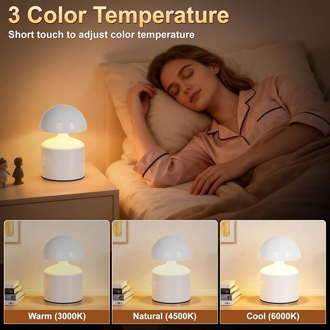 Modern Cordless Mushroom Small Table Lamp Touch LED Lamps, 3-Way Dimmable Bedside Nightstand Lamp Mini Rechargeable Night Light for Bedroom, Living Room (White)
