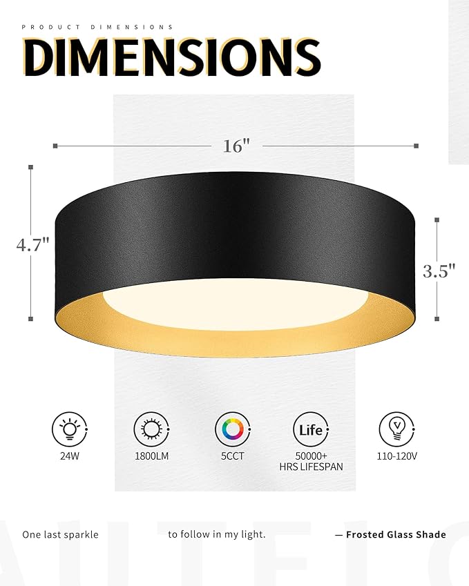 AUTELO 16" Black Ceiling Light, LED 5CCT Ceiling Light Flush Mount with Frosted Glass in Black Finish, Light Fixtures Ceiling Mount for Bedroom, C3336-40 BKLED