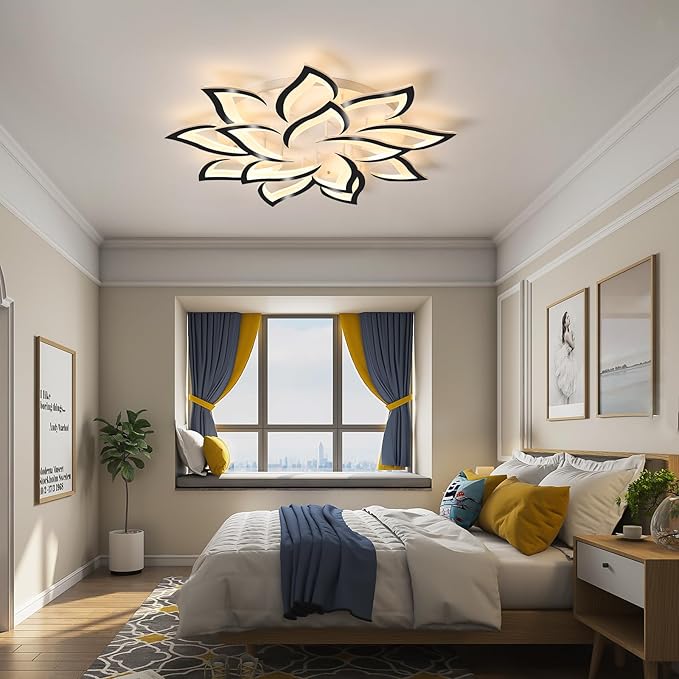 Garwarm Modern Ceiling Lights,Dimmable LED Flush Mount Ceiling Lamp with Remote Control,Black Acrylic Leaf Ceiling Light Fixture for Living Room Dining Room Bedroom 98W