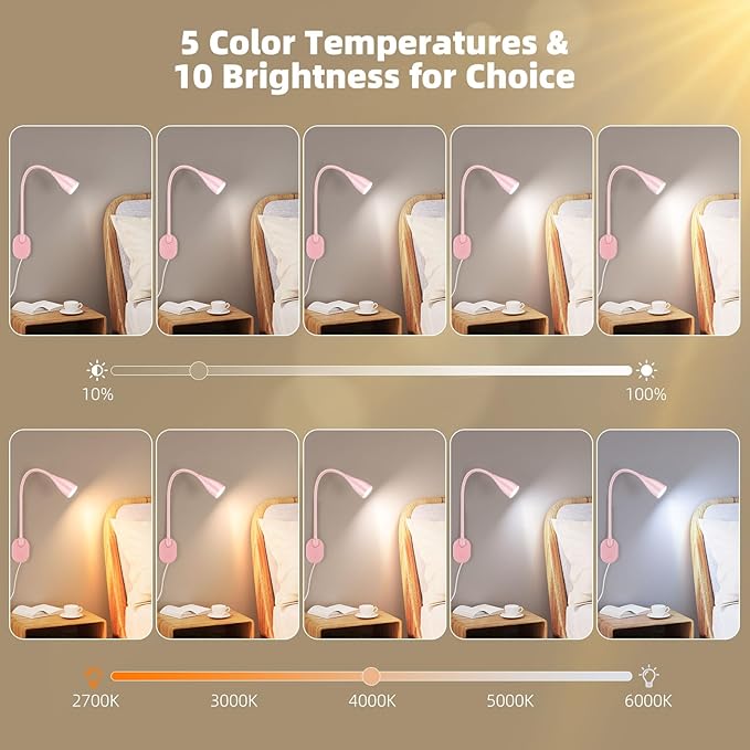 Wall-Mounted LED Bedside Reading Light with USB Charging Port, 10-Level Dimmable & Adjustable 5 Color, Plug-in Adhesive Night Lamp for Books in Bed, Eye-Caring Bedroom Lighting (Pink)