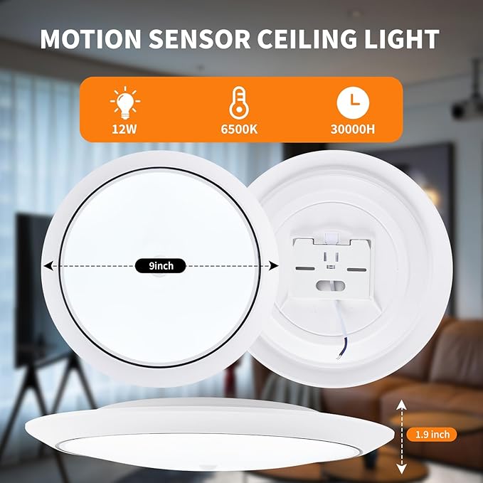 Motion Sensor LED Ceiling Light, 9 Inch Flush Mount Ceiling Light 6500K Closet Lights, Motion Sensor Light Indoor for Stair Closet Porch Hallway Laundry (12W)