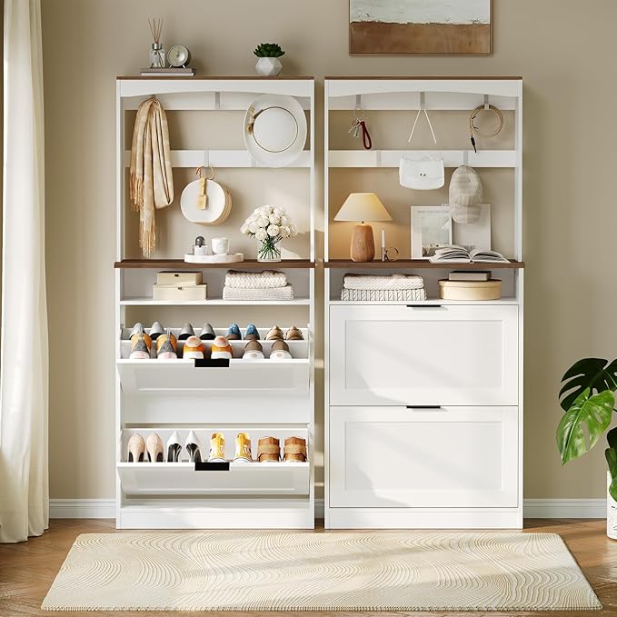 Tall Shoe Cabinet with Flip Drawers and Coat Rack, Floor Standing Modern Shoe Storage Organizer, 2-in-1 Hall Tree with Movable Hooks and Open Shelves, for Entryway, White and Walnut SC01WHY1