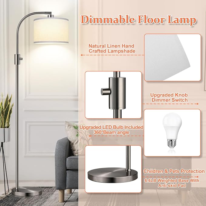 Nintiue Upgraded Modern Arc Dimmable Tall Standing Floor Lamp with Linen Shade, 1200 Lumens LED Bulb Included, for Living & Reading Room, Bedroom, Office & Nursery, Brushed Nickel