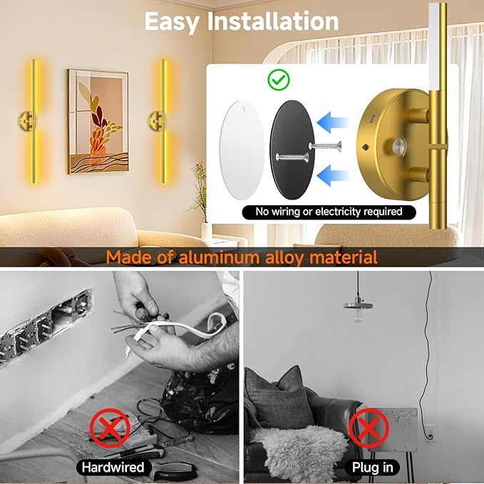 Battery Operated Wall Sconce of 2, 360°DIY Rotatable,Wireless Magnetic Wall Lights with Remote,10 RGB Color with 5CCT Dimmable,Cordless Wall Lamp Decor for Vanity Bedroom 10000mAh Gold