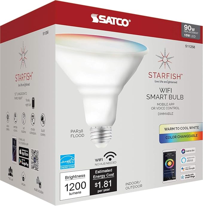 Satco S11258 Starfish 15-Watt WiFi Smart LED Light Bulb, Works with Siri, Alexa, Google Assistant, SmartThings, 2700K-5000K, PAR38, 1200 Lumens, White