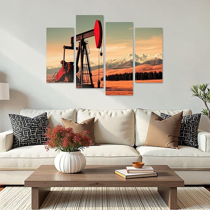 Canvas Wall Art Prints Pictures Oil Gas Pump Mountains Framed Posters Modern Wall Painting Artwork Gift Home Decor for Living Room Ready to Hang 4 Panel