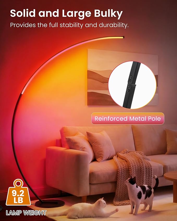 RGBW Floor Lamp, 75” Standing Tall Lamp, Dimmable Arc Floor Lamp for Living Room with Foot and Remote Control, 18 DIY Colors, 3000K-6000K White, LED Corner Lamp, Color Changing Ambient Light RB62LD05