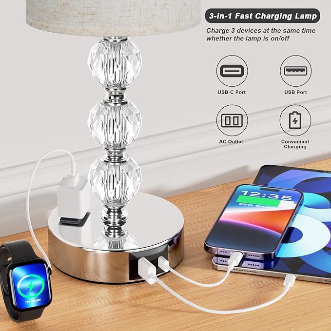 White Touch Bedside Lamps for Bedrooms - Crystal Table Lamp with USB C+A Charging Port and AC Outlet Nightstand, 3 Way Dimmable Silver Small End Side Table Lamp for Living/Guest/Dinning Room/Kitchen