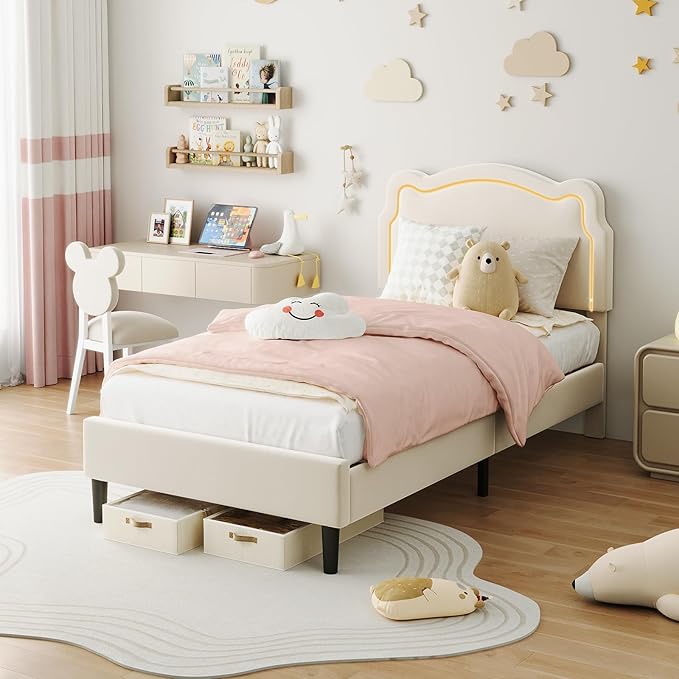 GarveeHome Twin Upholstered Smart LED Bed Frame with Headboard, Velvet Princess Platform Bed Frame for Kids, Wooden Slats Support, No Box Spring Needed (Beige)