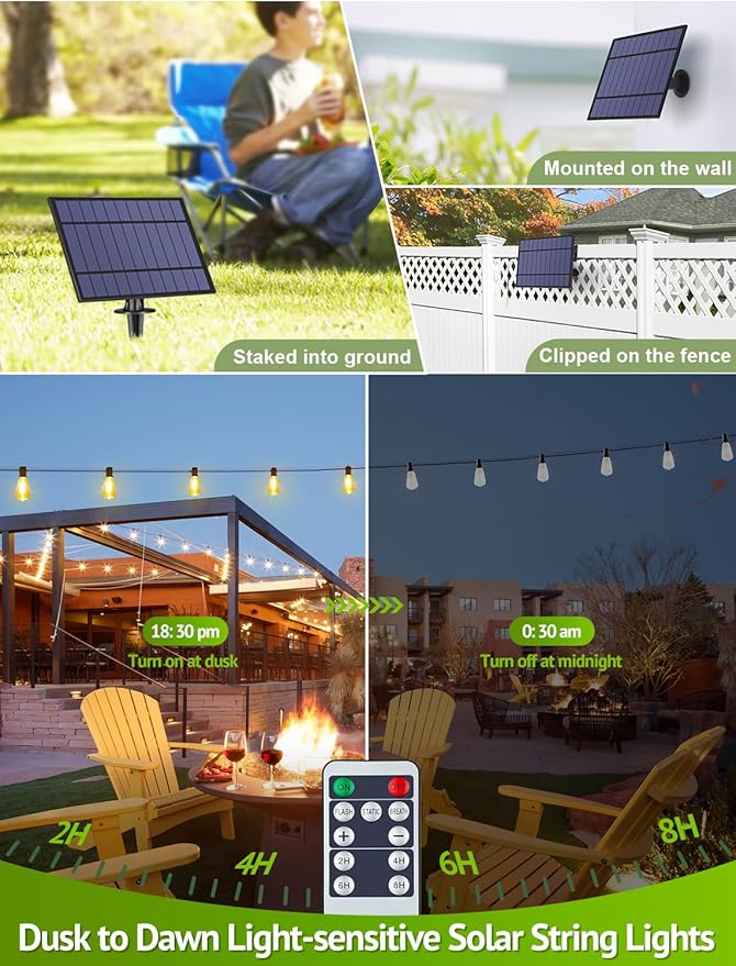 48FT Solar String Lights Outdoor with Remote, Waterproof Dimmable Patio Lights with 15+1 LED ST38 Bulbs 3 Modes Hanging Lighting for Backyard
