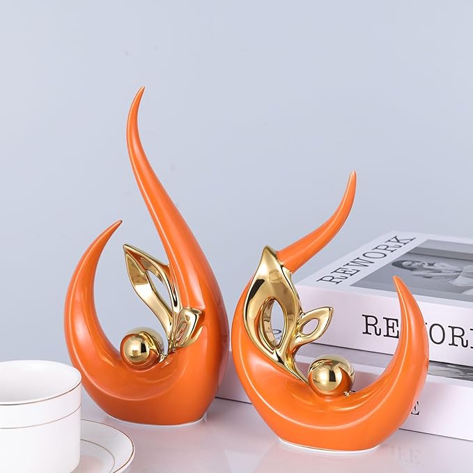 XMGZQ Burnt Orange Gold Ceramic Statues for Home Décor Accents,Abstract Art Mid Century Modern Decor,Elegante Centerpiece Table Decorations,Sculpture for Entryway,Shelf,Tv Stand,Mantel,Coffee Table