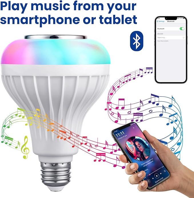 LED Light Bulb Bluetooth Speaker with Remote Control and APP, White+Color Changing - Works with E26 Base Fixture - Perfect Lamp for Home, Party, Bedroom, Indoor Floodlight Bulb