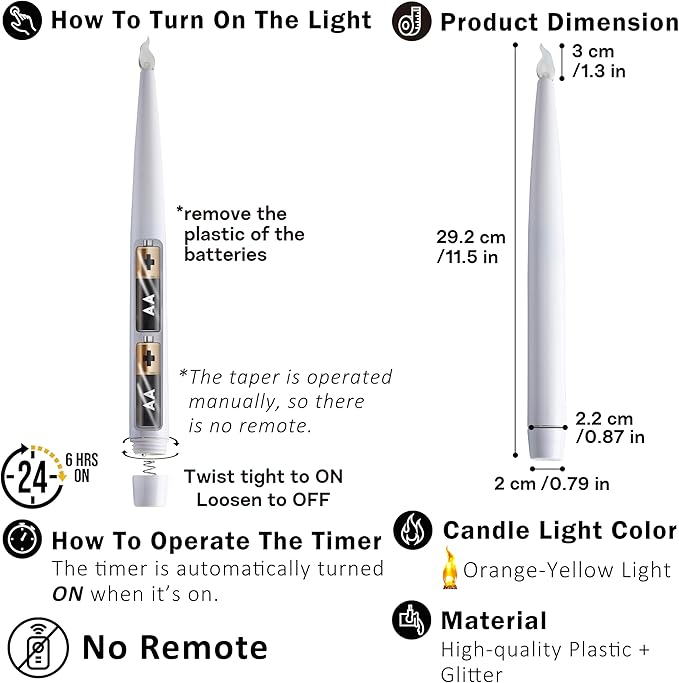 FURORA LIGHTING Black Glittery LED Taper Candles Pack of 2, Flameless Flickering Taper Candles with Timer for Home Décor Holiday Décor, Battery Operated