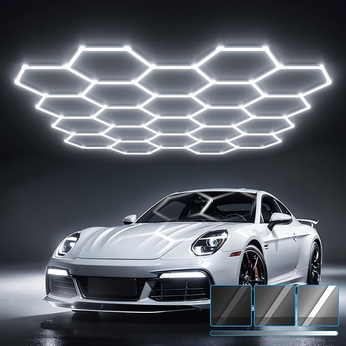 HYPERLITE Gen 2 Hexagon Garage Light, Upgraded 3 Level Dimmable 581W 58100LM Super Bright Garage Detailing Lights, 22 Grids Hexagon Shop Lights, Hex LED Lights for Basement, Gym, Barber