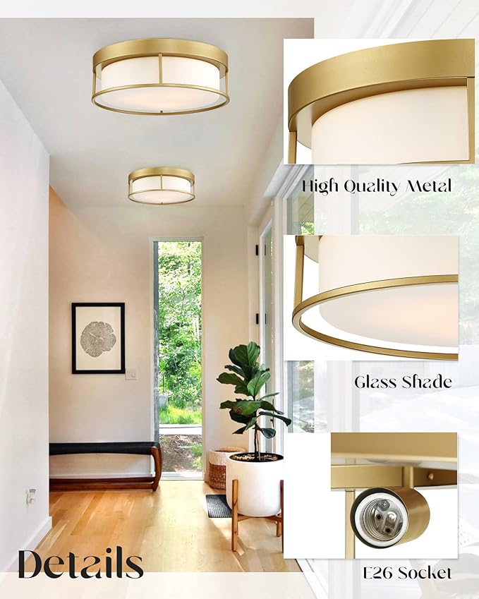CALDION Ceiling Light, 15 Inch Flush Mount Ceiling Light Fixture, Gold Finish with Opal Frosted Glass, Round Close to Ceiling Lights for Bedroom, Kitchen 6871LFM-GD-15
