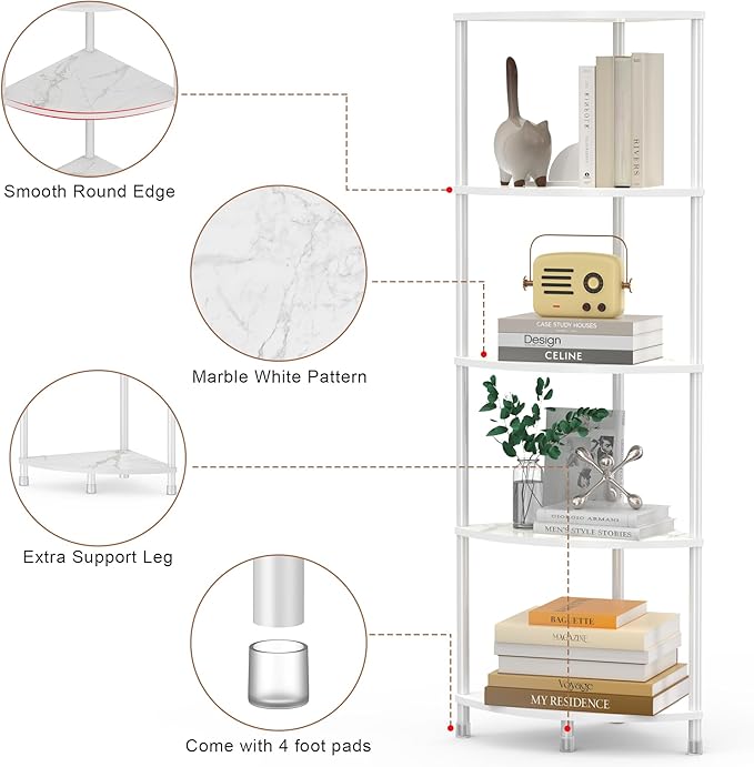 5 Tier Corner Shelf Stand, 44.1" Kitchen Shelf Organizer with Metal Frame, Small Corner Shelf for Bathroom Organization & Storage, Marble White Corner Shelf for Kitchen Decor Accessories