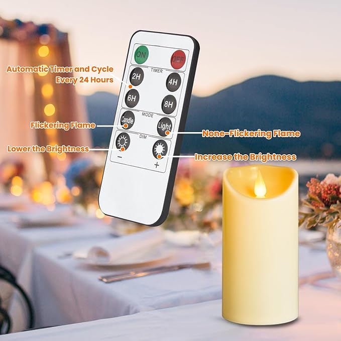 LEOSAN led Flameless Candles Outdoor Indoor Battery Operated Flickering Candles with Remote Timers, Won't Melt, Ivory Plastic D3 xH4 5" 6" for Halloween, Party, Valentine's Day, Wedding (18 pcs)