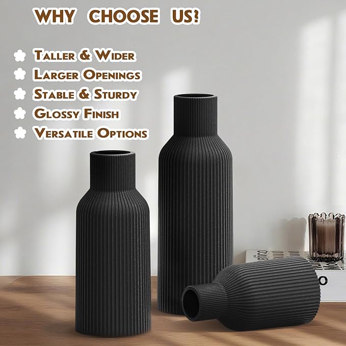 Glossy Black Ceramic Vases Set of 3 - Modern Ribbed Vases for Fresh Flowers & Pampas Grass - Minimalist Decorative Centerpieces for Coffee Table, Mantle, Entryway & Office