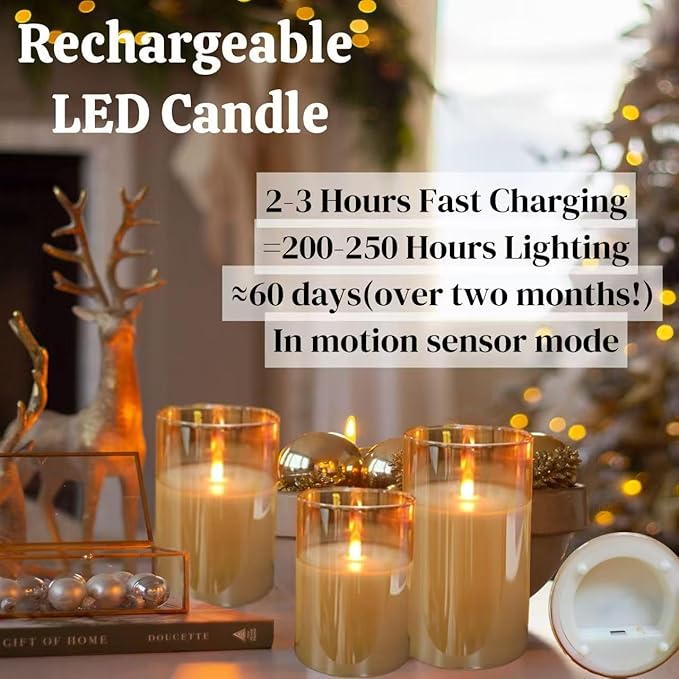 Flameless Candle Night Light, Motion Sensor Auto Switch On/Off, Rechargeable LED Glass Night Light with Remote and Timer, Ideal Kids Adults Nightlight for Home Living Room Decor, Ideal Gift for Women