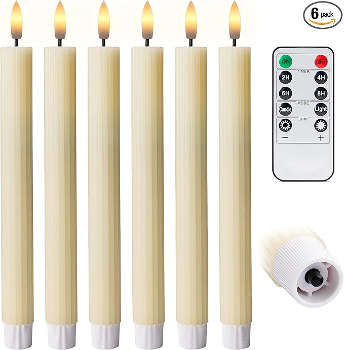 WYZworks 10" Fluted Ribbed LED Ivory Grooved Pillar Candles, Remote & 24h Timer Memory, On/Off Switch - Flameless Dimmable Battery Operated w/Flicker Mode, Home Wedding Decor (6 Pack)